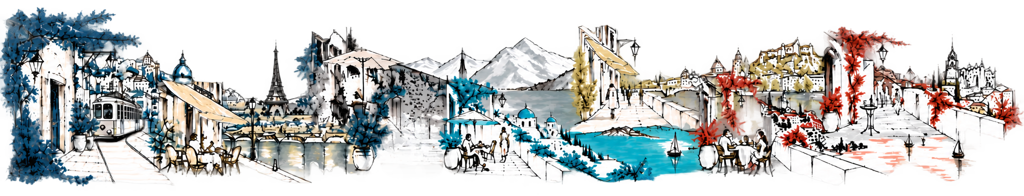 Illustrated collage of European cities, coastlines and landmarks